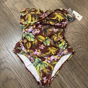 NWT Shade & Shore Floral‎ One Piece Swimsuit Tummy Control Strap/Strapless Sz M